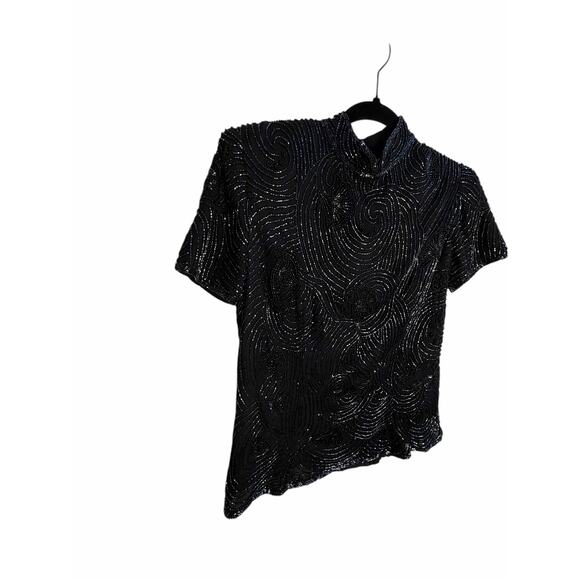 Papell Boutique Evening Beaded Sequin Silk Top Black Short Sleeve Size Small - Picture 13 of 16